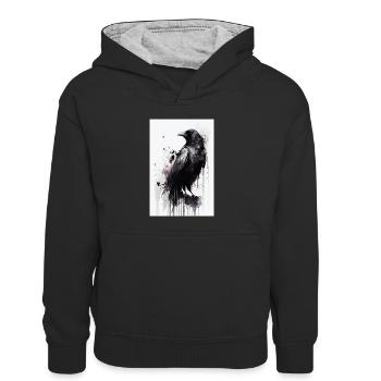 Rabe Raben Krähe Krähen Vogel Tier Watercolor - Kinder Kontrast-Hoodie - Schwarz/Grau meliert - Vorne