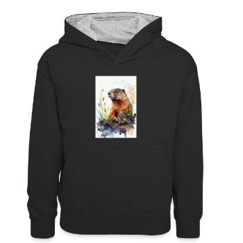 Marmotte Rongeur Écureuil terrestre Marmotte Animal - Sweat à capuche contrasté Enfant - noir/gris chiné - Devant
