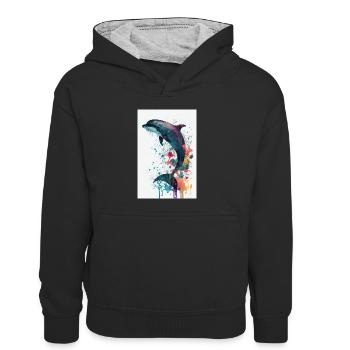 Delfin Meeresfische Delfine Fisch Tier Watercolors - Kinder Kontrast-Hoodie - Schwarz/Grau meliert - Vorne