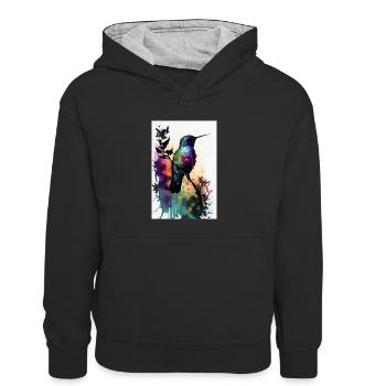 Kolibri Kolibris Vogel Hummingbird Watercolors - Kids’ Contrast Hoodie - black/heather grey - Front