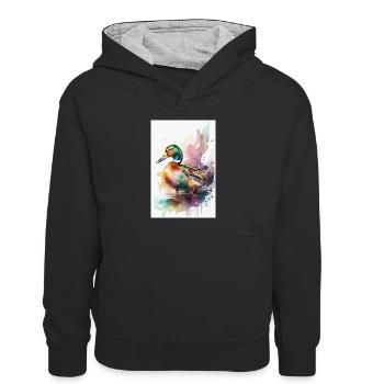 Ente Enten Vogel Tier Quack Watercolors - Kinder Kontrast-Hoodie - Schwarz/Grau meliert - Vorne