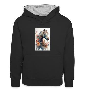 Pferd Pferde Reiten Pferdereiten Sprungreiten - Kinder Kontrast-Hoodie - Schwarz/Grau meliert - Vorne