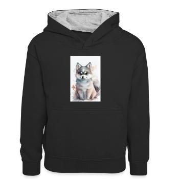 Husky Hund Chien sibérien - Sweat à capuche contrasté Enfant - noir/gris chiné - Devant