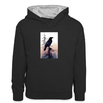 Corbeau Corbeau Corbeau Oiseaux Forêt animale - Sweat à capuche contrasté Enfant - noir/gris chiné - Devant