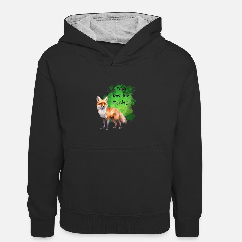 Ich bin ein Fuchs! - Kinder Kontrast-Hoodie - Schwarz/Grau meliert