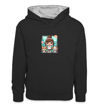 Niedliches Toca-Mädchen - Spielfigur mit Katze und Hund - Kinder Kontrast-Hoodie - Schwarz/Grau meliert - Vorne