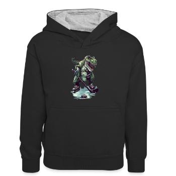 Eishockey T-Rex Trex Dino Dinosaurier - Puck Stick - Kinder Kontrast-Hoodie - Schwarz/Grau meliert - Vorne