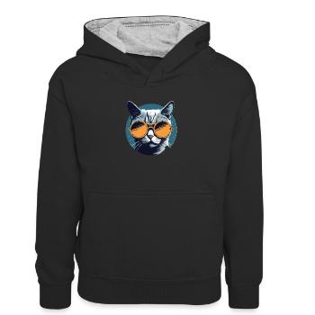 Katze Mietz Stubentiger Sonnenbrille - Kinder Kontrast-Hoodie - Schwarz/Grau meliert - Vorne