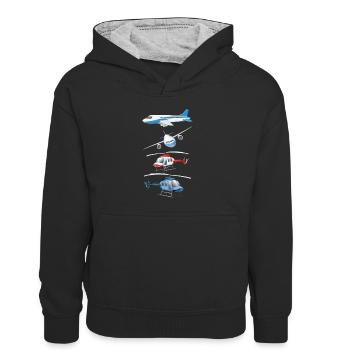 Avion Hélicoptere enfants Garçon Et Fille - Sweat à capuche contrasté Enfant - noir/gris chiné - Devant