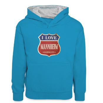 Mannheim Germany City I Love Vintage Retro - Kids’ Contrast Hoodie - peacock blue/heather grey - Front