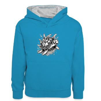 Tortue effrayée - Sweat à capuche contrasté Enfant - bleu paon/gris chiné - Devant