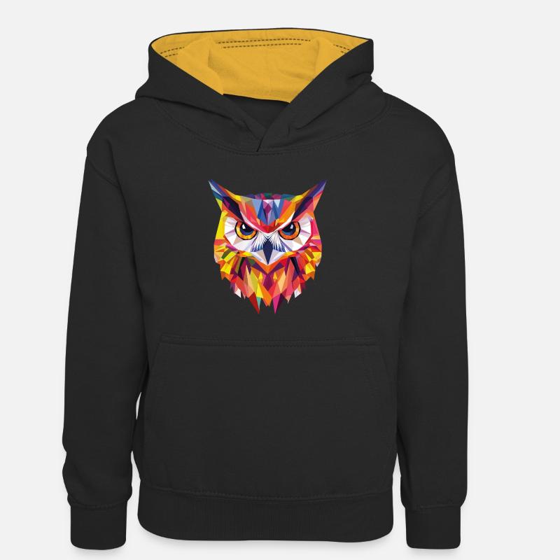 Low Poly Owl – un design moderne pour les petits malins - Sweat à capuche contrasté Enfant - noir/or