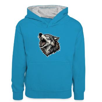 Wild Wolf Heulend Alpha Wolf Maskottchen - Kinder Kontrast-Hoodie - Pfauenblau/Grau meliert - Vorne