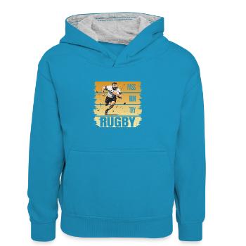 Pass - Run - Try - Rugby - Kinder Kontrast-Hoodie - Pfauenblau/Grau meliert - Vorne