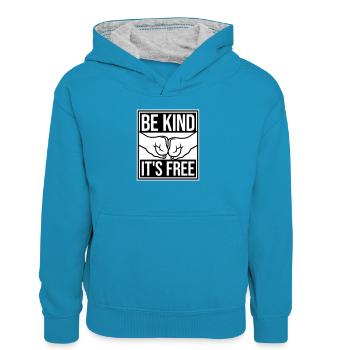 Be Kind It's Free Freundlichkeit Statement Spruch - Kinder Kontrast-Hoodie - Pfauenblau/Grau meliert - Vorne