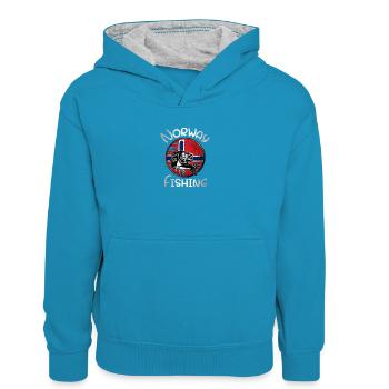 Pêche en Norvège - Sweat à capuche contrasté Enfant - bleu paon/gris chiné - Devant