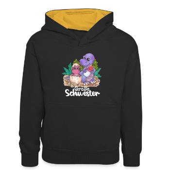 Große Schwester Niedlicher Dino Geschwister Paar - Kinder Kontrast-Hoodie - Schwarz/Gold - Vorne