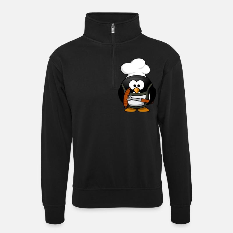 Boiling penguin with bratwurst. Gift - Unisex sweater with zip collar - black