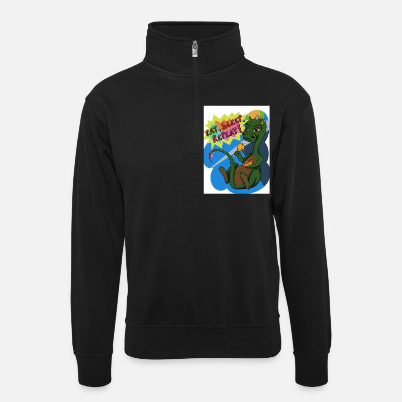 Essen, schlafen, wiederholen - Unisex Pullover mit Zip-Kragen - Schwarz