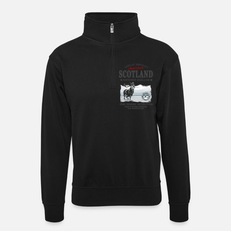 Scotland - Deer - Hirsch - Unisex Pullover mit Zip-Kragen - Schwarz