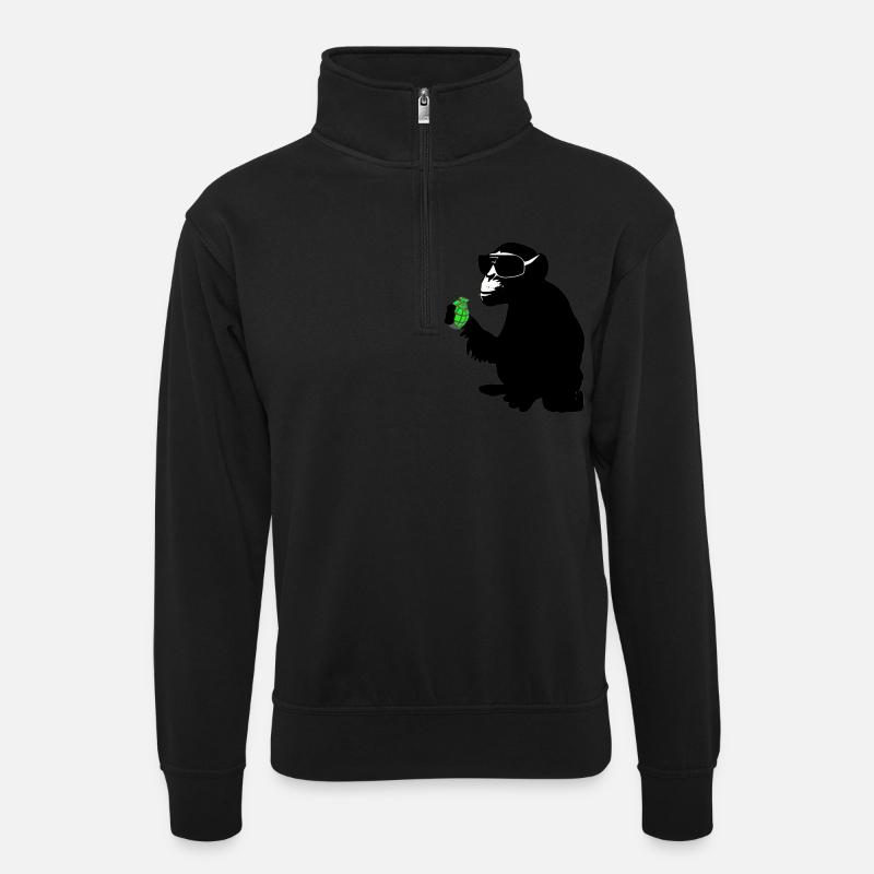 affe mit handgranate - Unisex Pullover mit Zip-Kragen - Schwarz