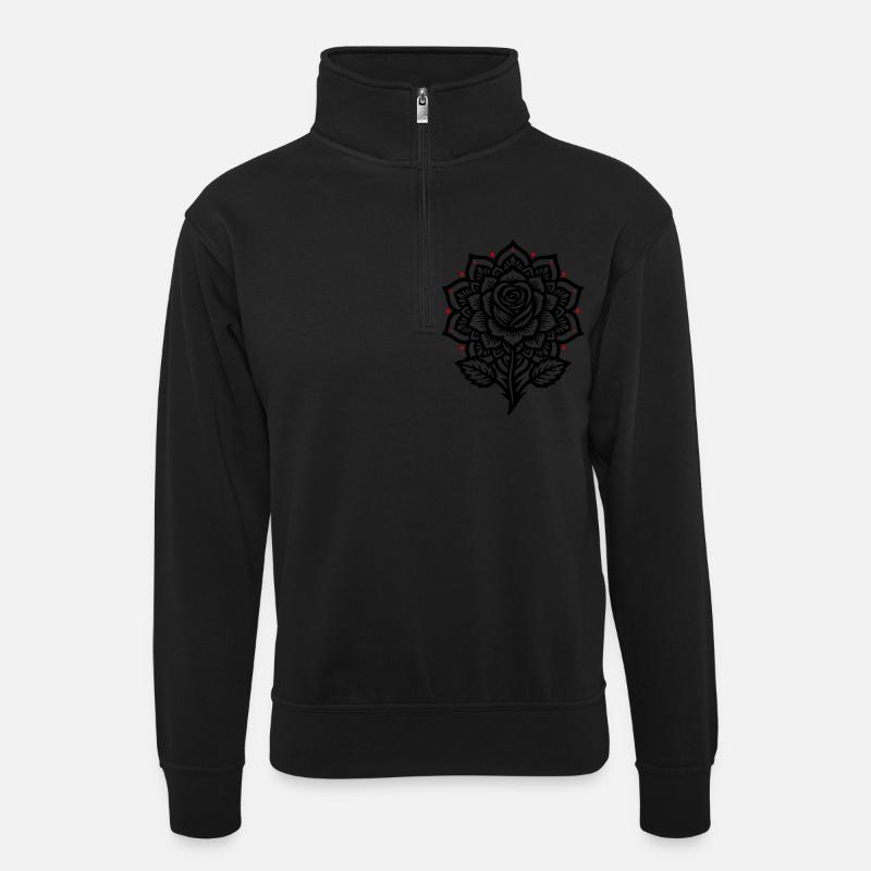 Rose Mandala - Unisex Pullover mit Zip-Kragen - Schwarz