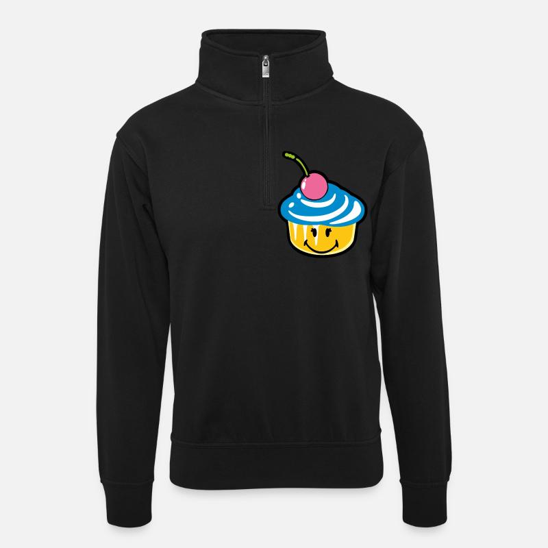 Smiley Kawaii Cupcake - Unisex Pullover mit Zip-Kragen - Schwarz