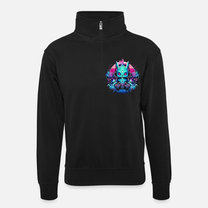 Synthwave Gamer Gaming Alien - Unisex sweater with zip collar - black