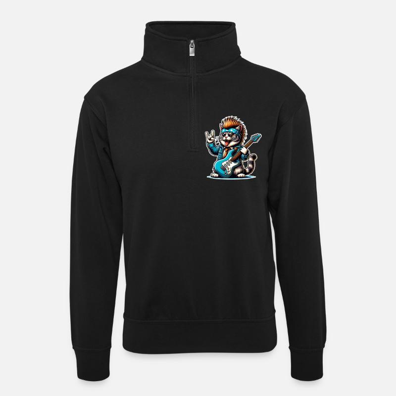 Katze Rock and Roll Gitarrist - Unisex Pullover mit Zip-Kragen - Schwarz