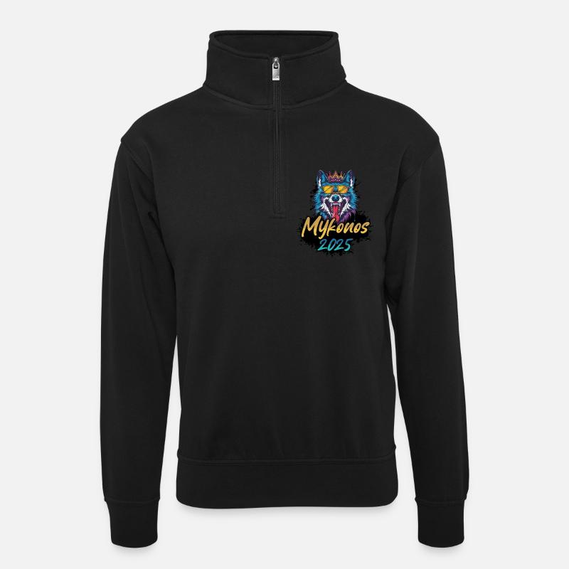 Mykonos 2025 Party Wolf - Unisex Pullover mit Zip-Kragen - Schwarz