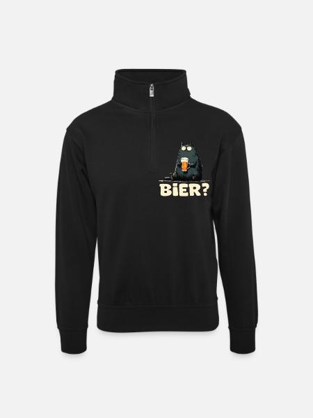 Funny cat with beer - Unisex sweater with zip collar - black