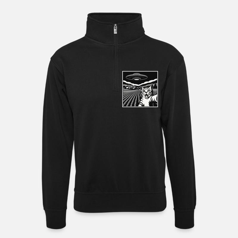 Funny Cat, Alien Machine - Unisex Pullover mit Zip-Kragen - Schwarz