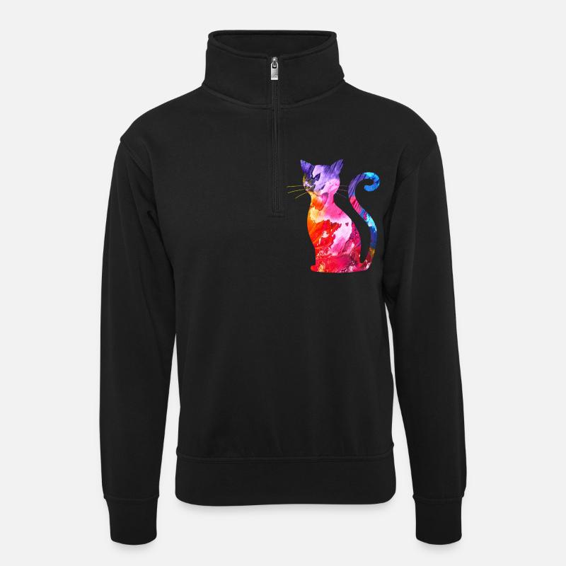 Katze - Unisex Pullover mit Zip-Kragen - Schwarz