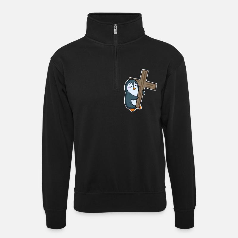 Penguin and cross religion - Unisex sweater with zip collar - black