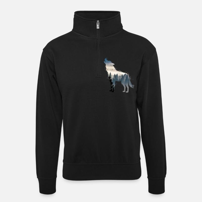 wolf - Unisex sweater with zip collar - black