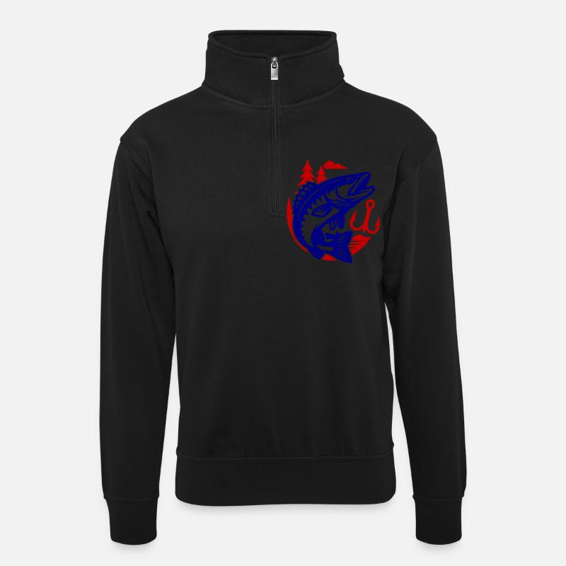Hecht Fisch Angeln - Unisex Pullover mit Zip-Kragen - Schwarz