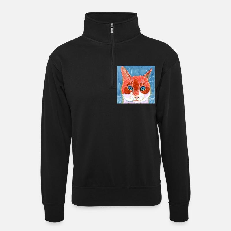 Katze - Unisex Pullover mit Zip-Kragen - Schwarz