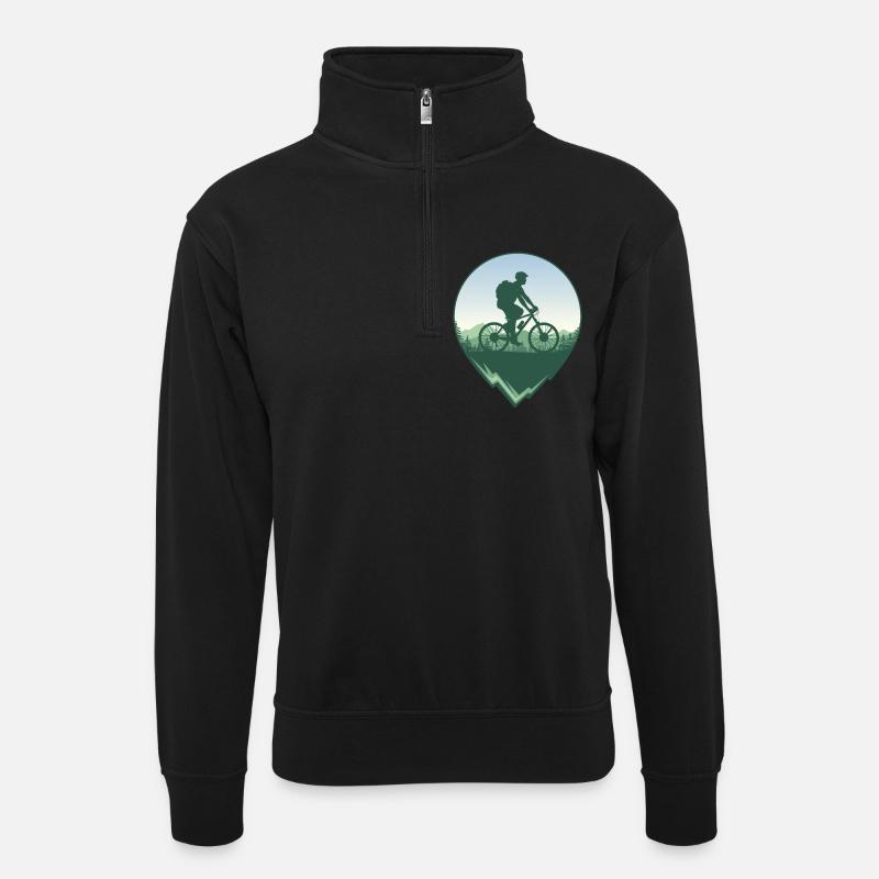 Mountainbiker vor Wald und Bergen - Unisex Pullover mit Zip-Kragen - Schwarz