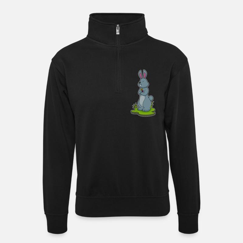 Hase Blumen - Unisex Pullover mit Zip-Kragen - Schwarz