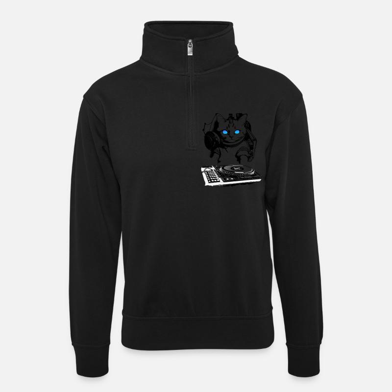 Cat DJ with mixer - Unisex sweater with zip collar - black