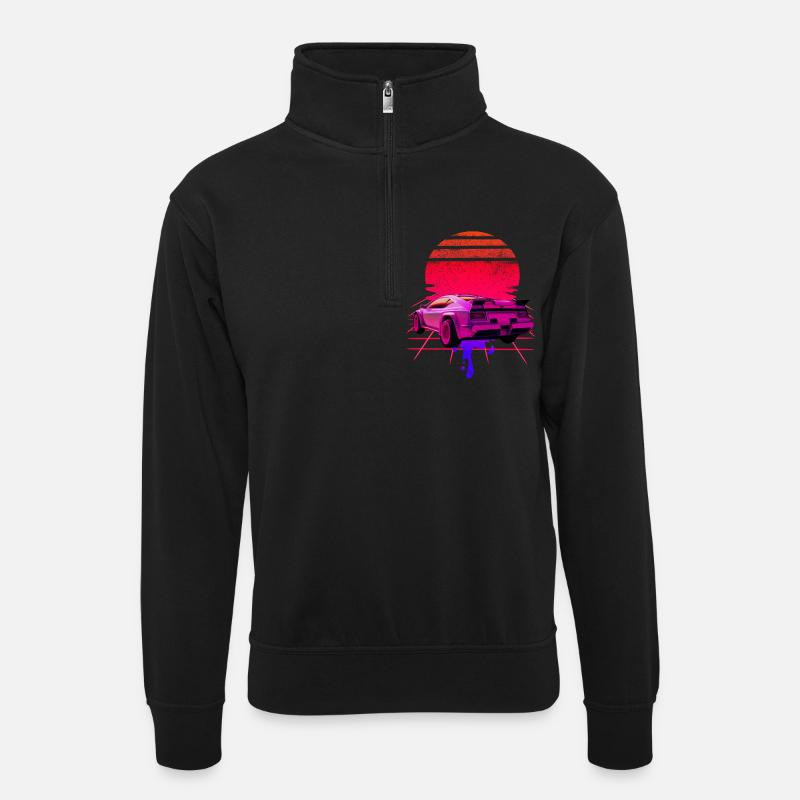Retro Wave Supercar Sunset - Unisex sweater with zip collar - black