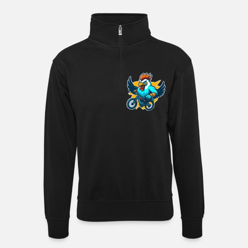 Hahn mit Fahrrad - Unisex Pullover mit Zip-Kragen - Schwarz