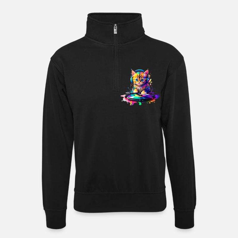Kätzchen DJ - Regenbogen 2 - Unisex Pullover mit Zip-Kragen - Schwarz