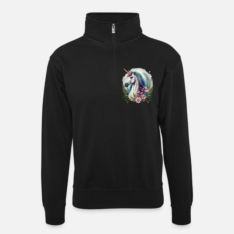 Wunderschönes Einhorn mit Blumen - Unisex Pullover mit Zip-Kragen - Schwarz