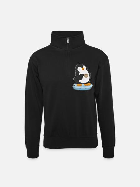 Pinguin Kaffee Tasse - Unisex Pullover mit Zip-Kragen - Schwarz