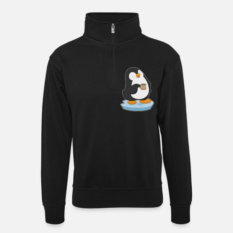 Pinguin Kaffee Tasse - Unisex Pullover mit Zip-Kragen - Schwarz
