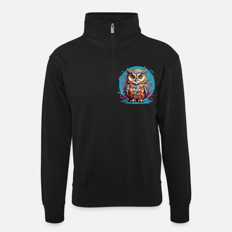 Liebenswerte Eule auf Farbklecksen - Unisex Pullover mit Zip-Kragen - Schwarz
