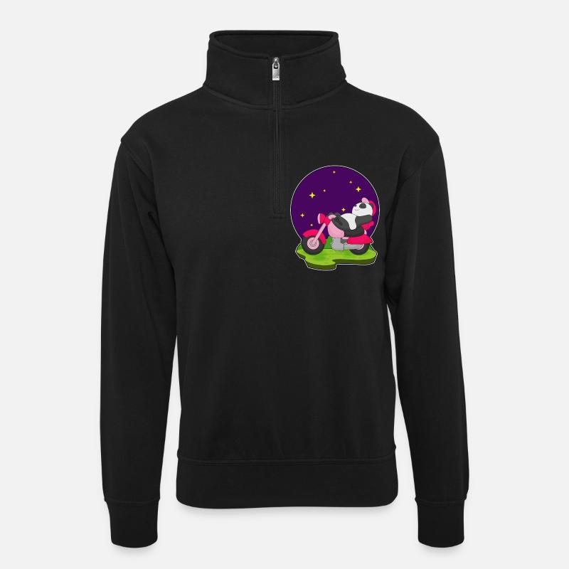 Panda Motorrad - Unisex Pullover mit Zip-Kragen - Schwarz