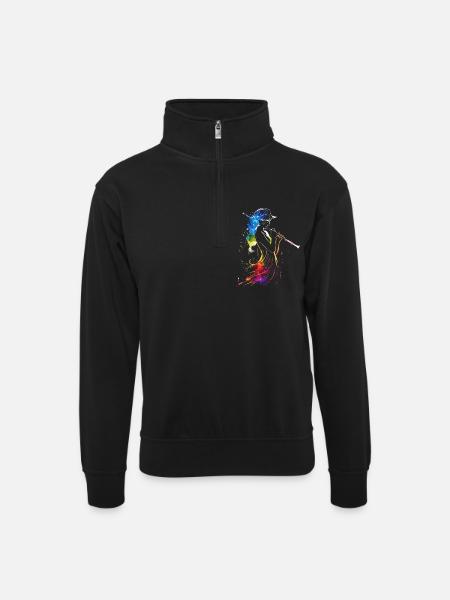 Flute player Retrowave - Unisex sweater with zip collar - black