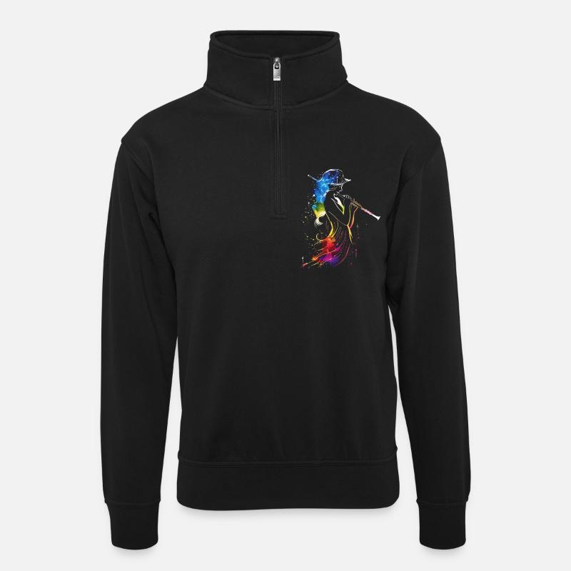 Flute player Retrowave - Unisex sweater with zip collar - black